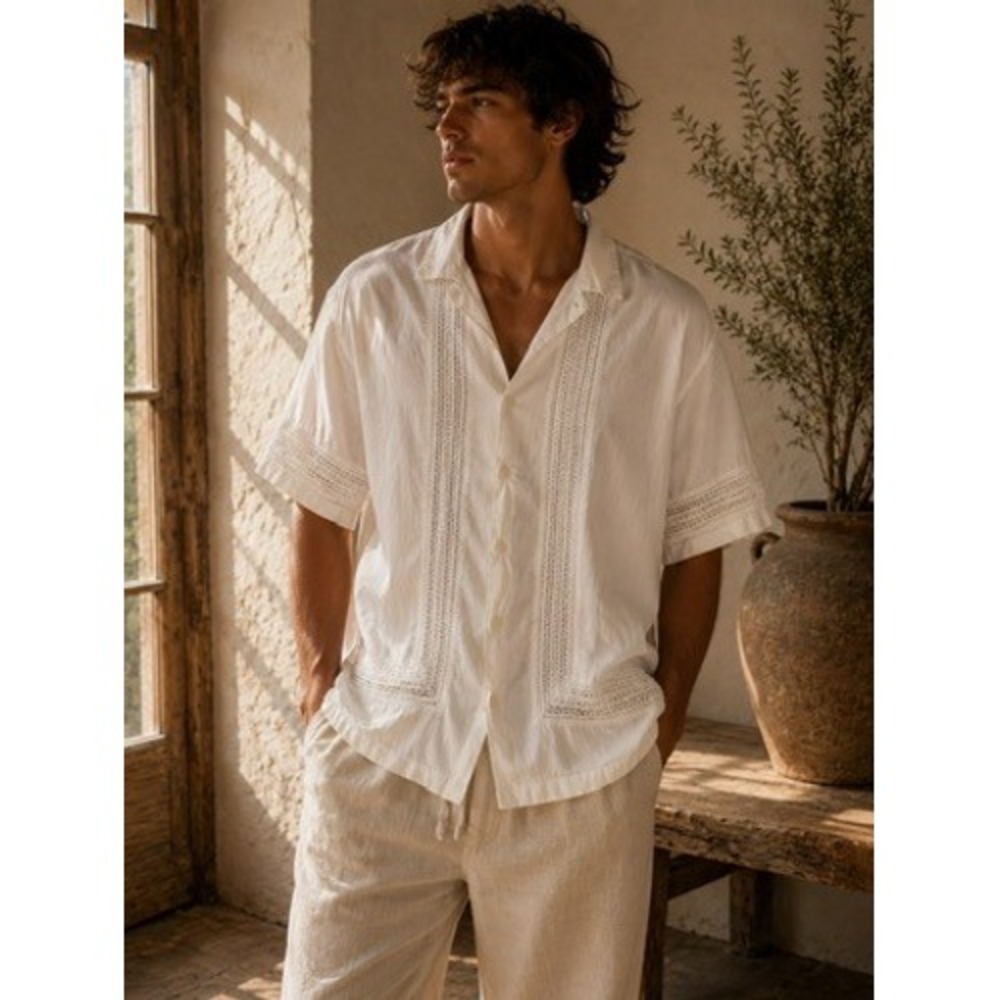 Abercrombie & Fitch Mens White Lace Inset Camp Collar Button Up Shirt Medium